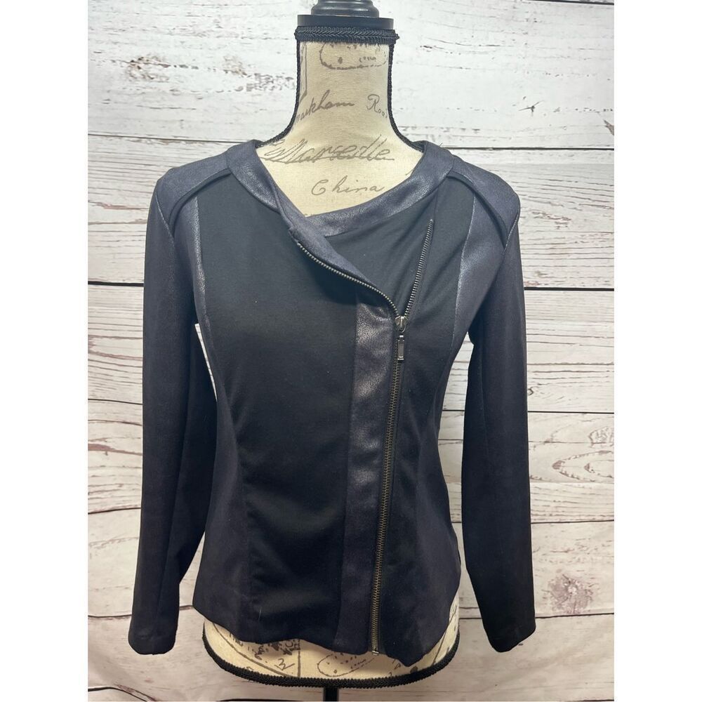 Style & Co Petite Black Mixed Media Asymmetrical Zip‎ Moto Jacket PS Non Leather